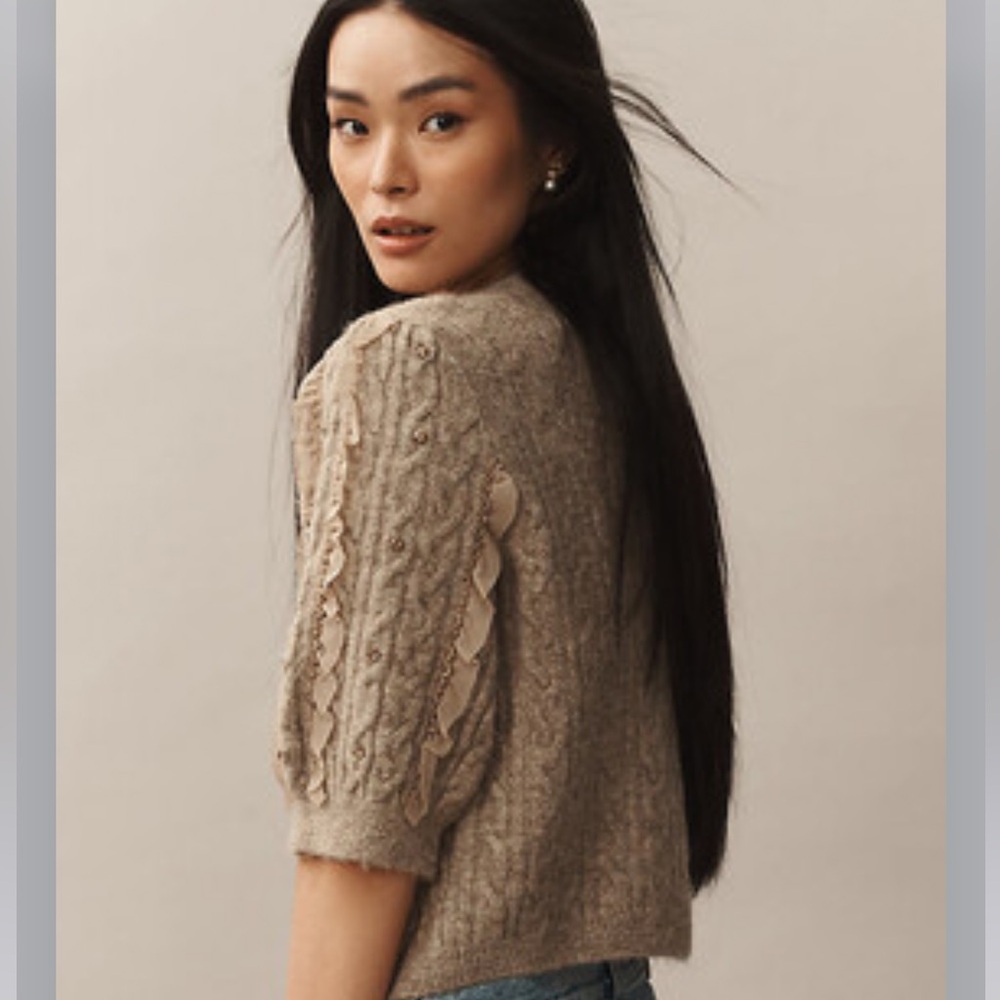 NEW Maeve Short-Sleeve Embellished Ruffled Cardigan Sweater - Picture 3 of 13